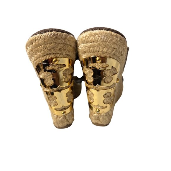 Tory Burch 6 Brown Canvas Cross Strap Espadrille Wedge Sandals Made In Brazil - Picture 6 of 8